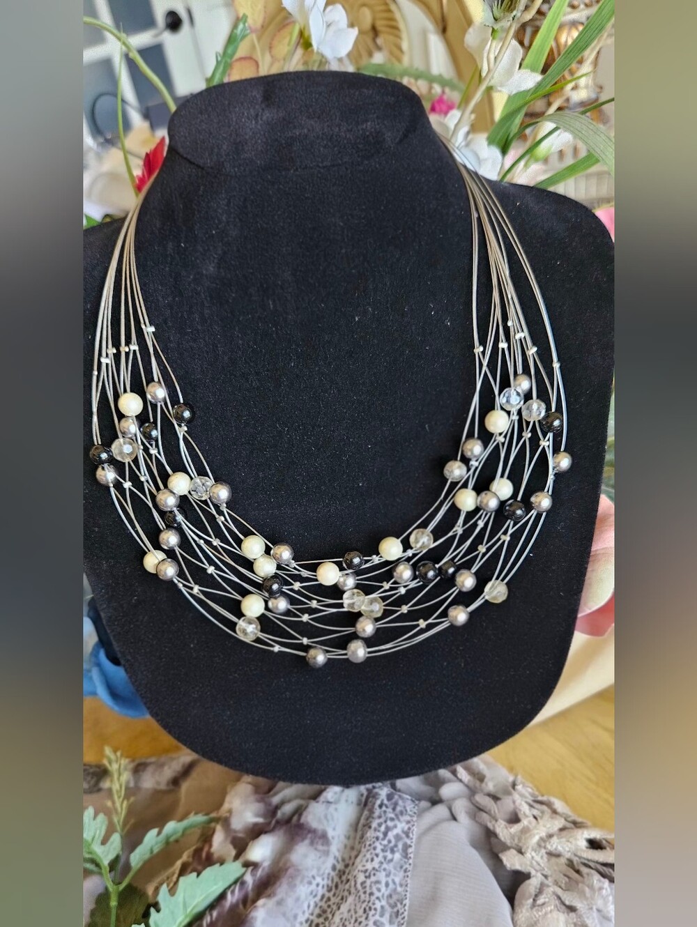 New Premier Designs Multi-Strand Floating Pearl & Crystal Statement Necklace